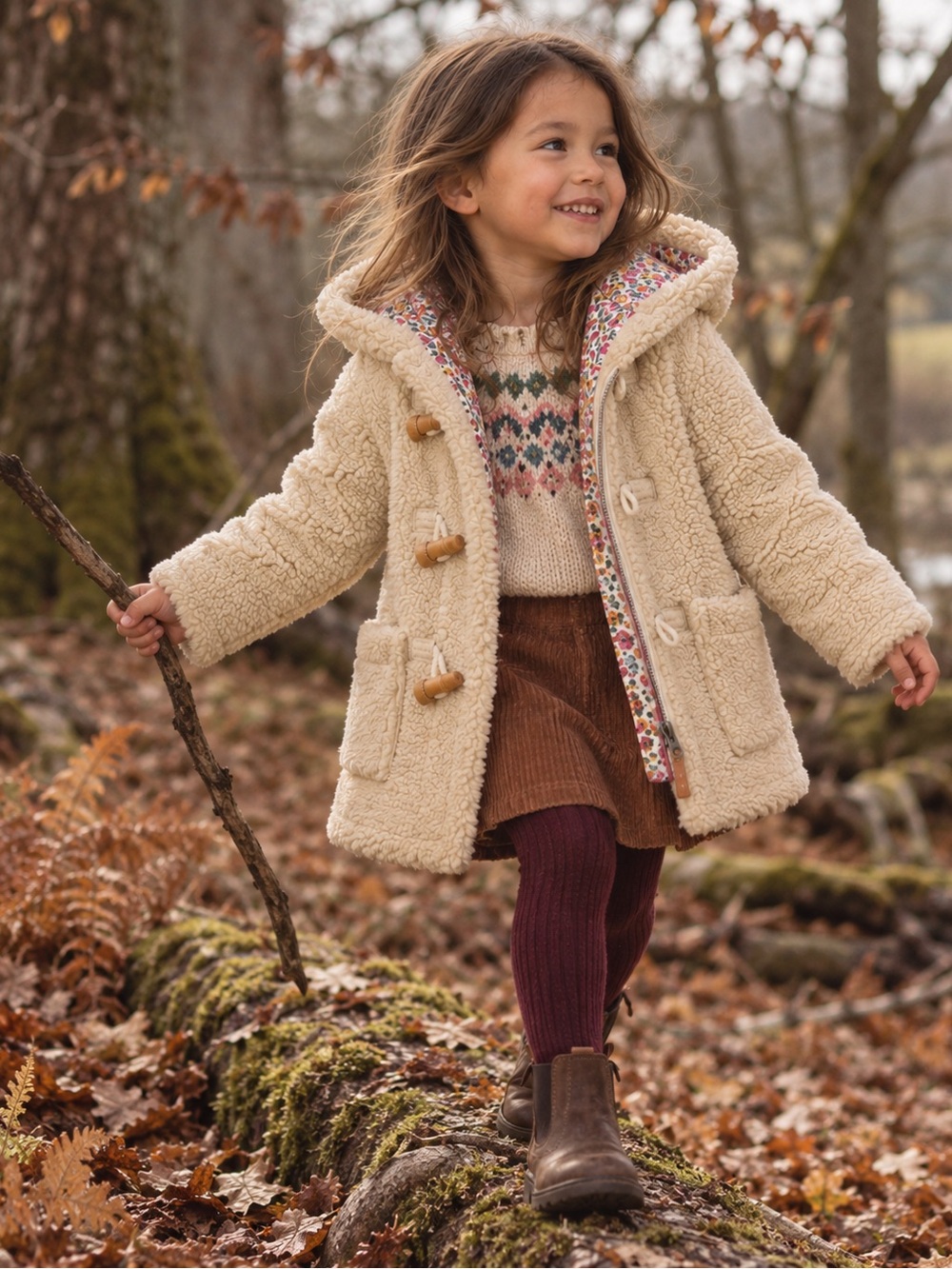 Mini Boden Sherpa Teddy Duffle Coat with Floral Lining – 2-3Y